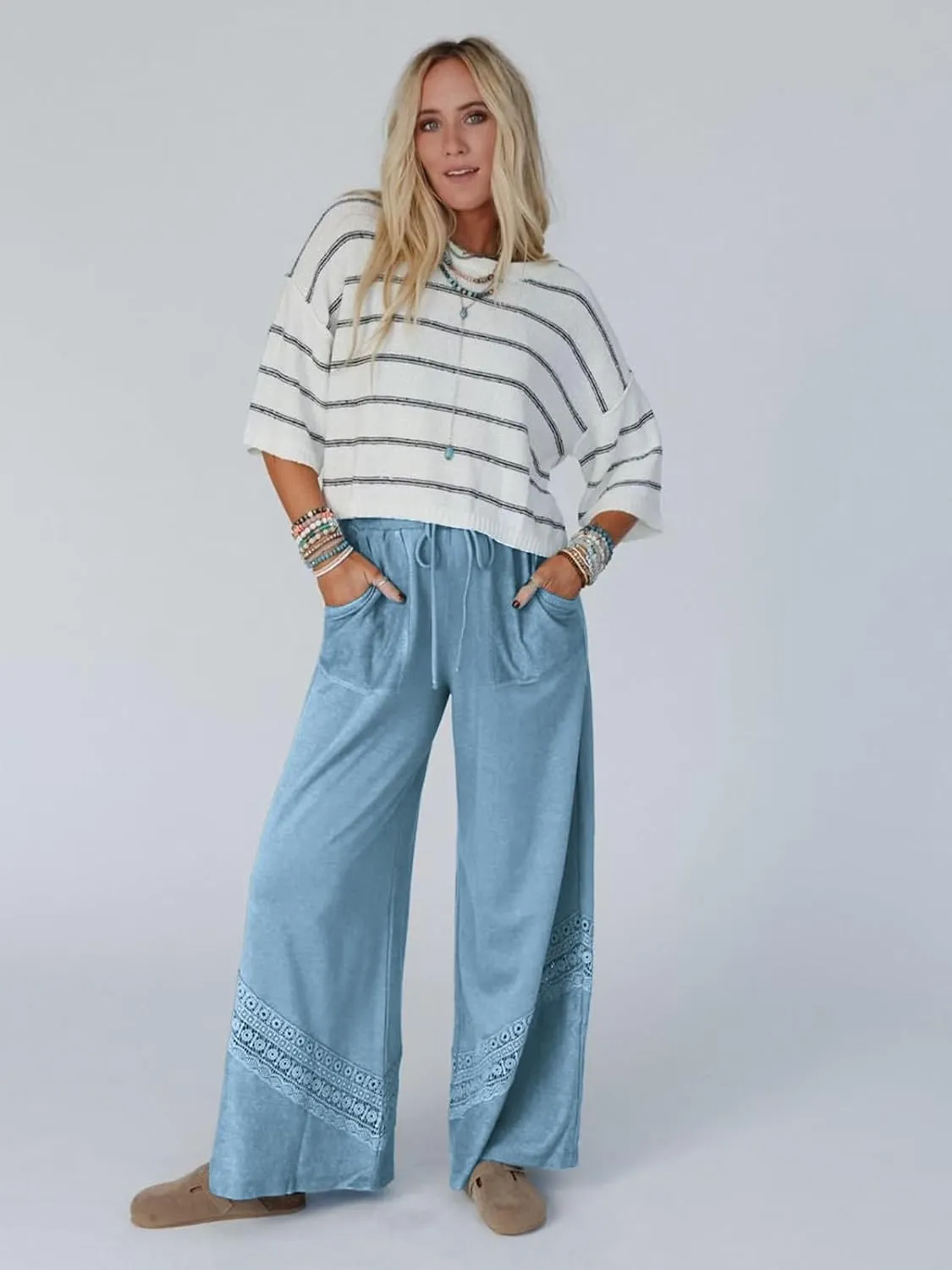Gnveub Women's Lyrical Wide Leg Lounge Pants with Pocket High Waisted Adjustable Tie Knot Trousers