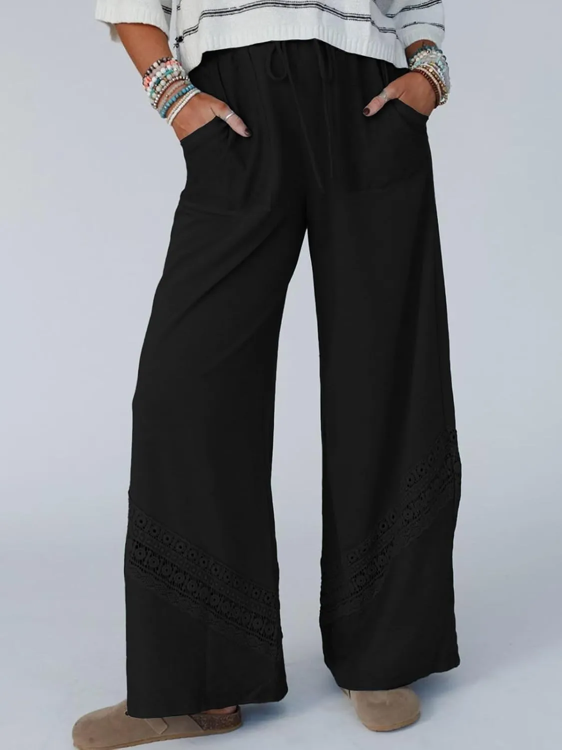 Gnveub Women's Lyrical Wide Leg Lounge Pants with Pocket High Waisted Adjustable Tie Knot Trousers