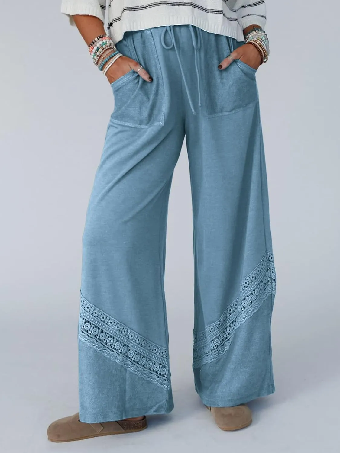 Gnveub Women's Lyrical Wide Leg Lounge Pants with Pocket High Waisted Adjustable Tie Knot Trousers