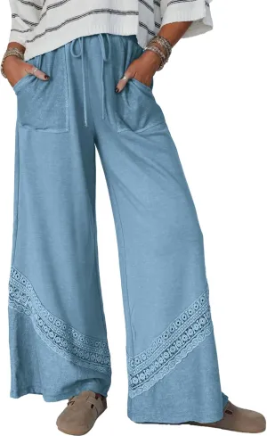 Gnveub Women's Lyrical Wide Leg Lounge Pants with Pocket High Waisted Adjustable Tie Knot Trousers