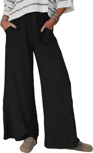 Gnveub Women's Lyrical Wide Leg Lounge Pants with Pocket High Waisted Adjustable Tie Knot Trousers