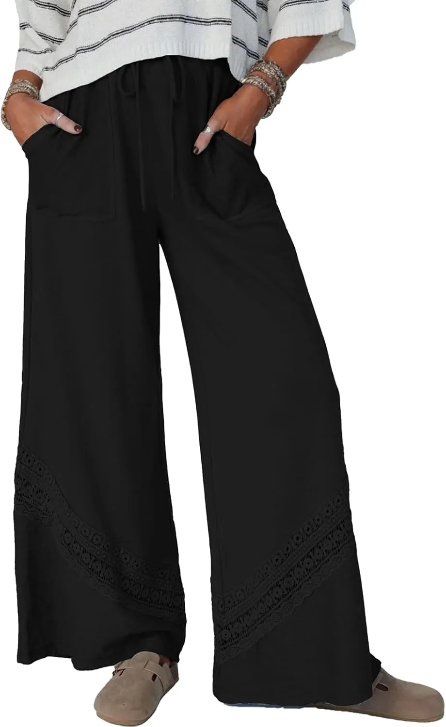 Gnveub Women's Lyrical Wide Leg Lounge Pants with Pocket High Waisted Adjustable Tie Knot Trousers
