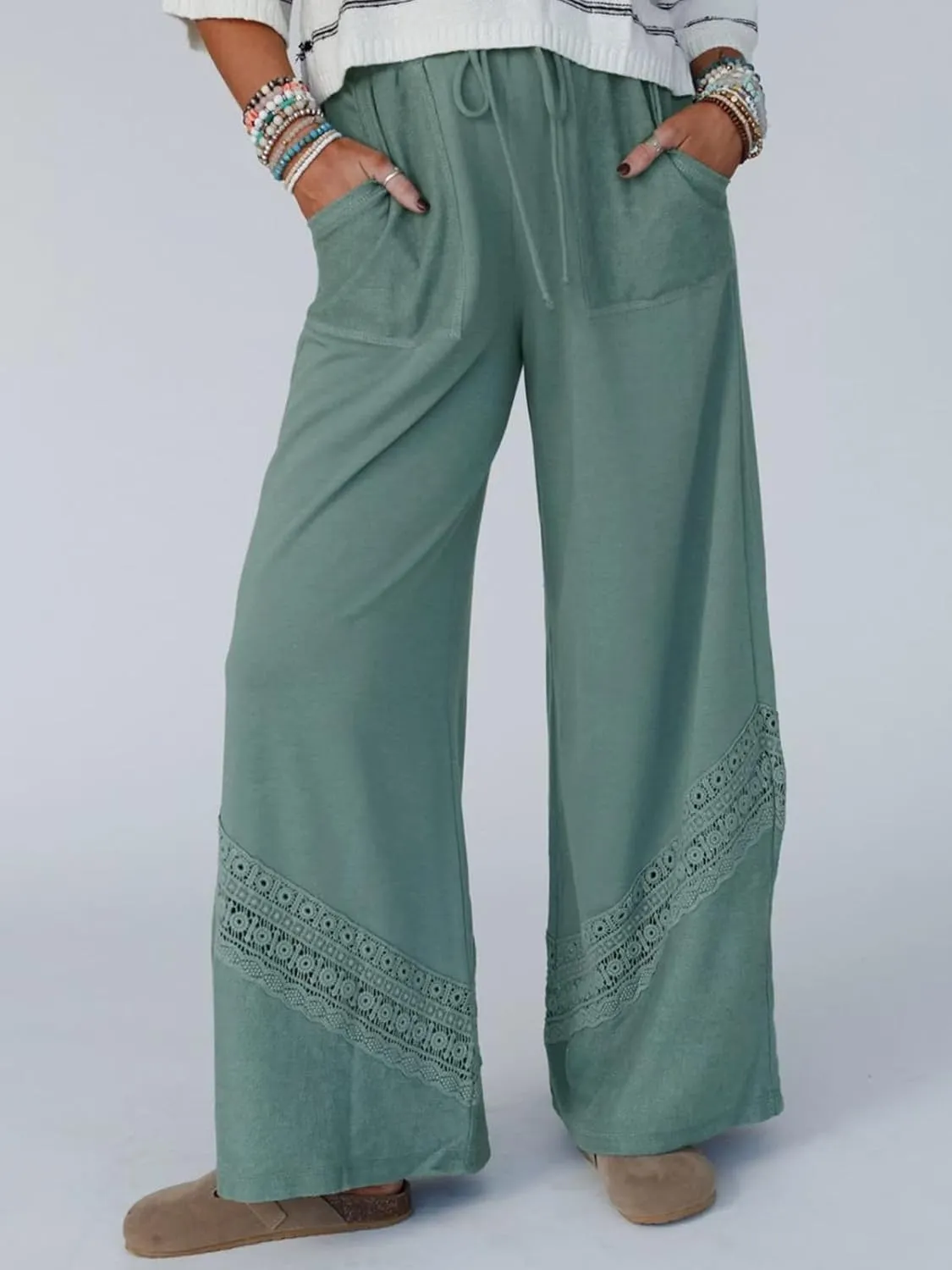 Gnveub Women's Lyrical Wide Leg Lounge Pants with Pocket High Waisted Adjustable Tie Knot Trousers