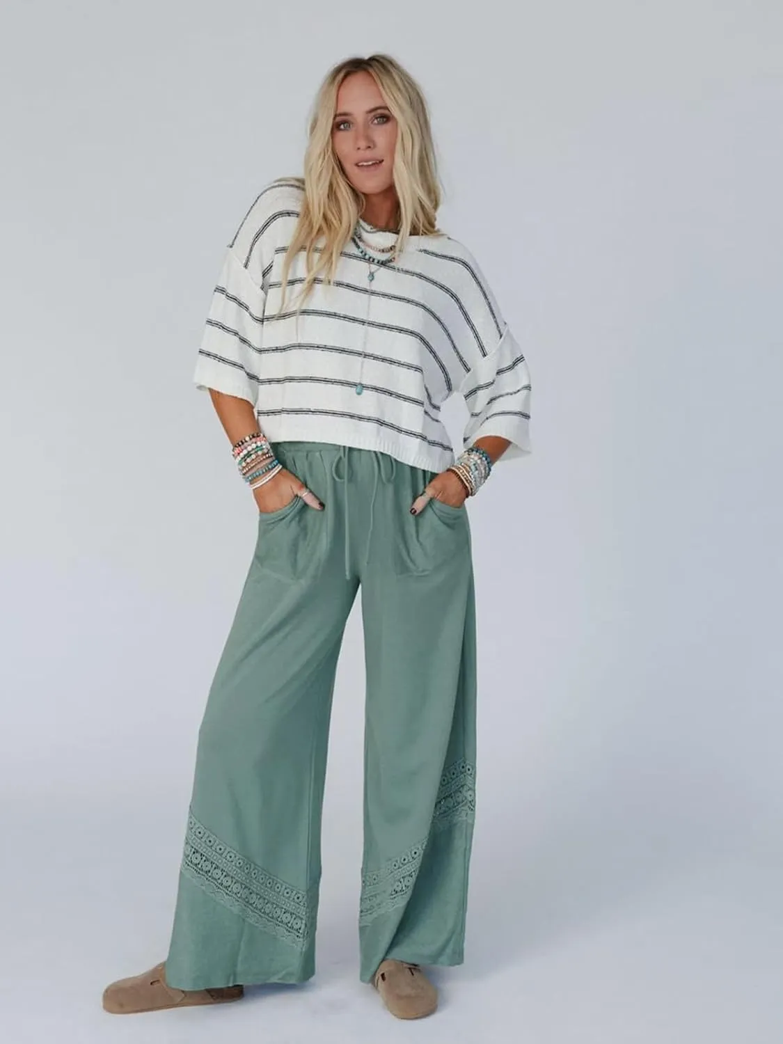 Gnveub Women's Lyrical Wide Leg Lounge Pants with Pocket High Waisted Adjustable Tie Knot Trousers