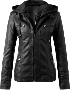 GOKKILRW Women Plus Size PU Leather Jacket Hooded Zip Up Casual Outdoor Motorbiker Slim Fit Removable Moto Biker Coat Outwear