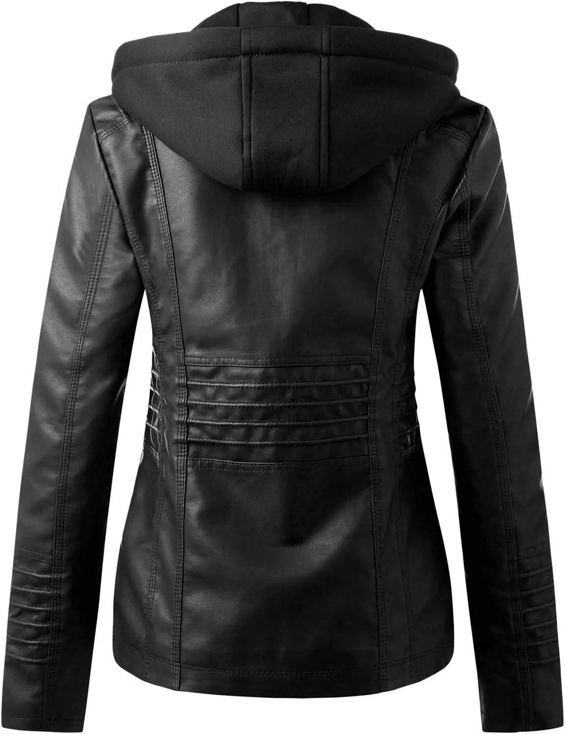 GOKKILRW Women Plus Size PU Leather Jacket Hooded Zip Up Casual Outdoor Motorbiker Slim Fit Removable Moto Biker Coat Outwear