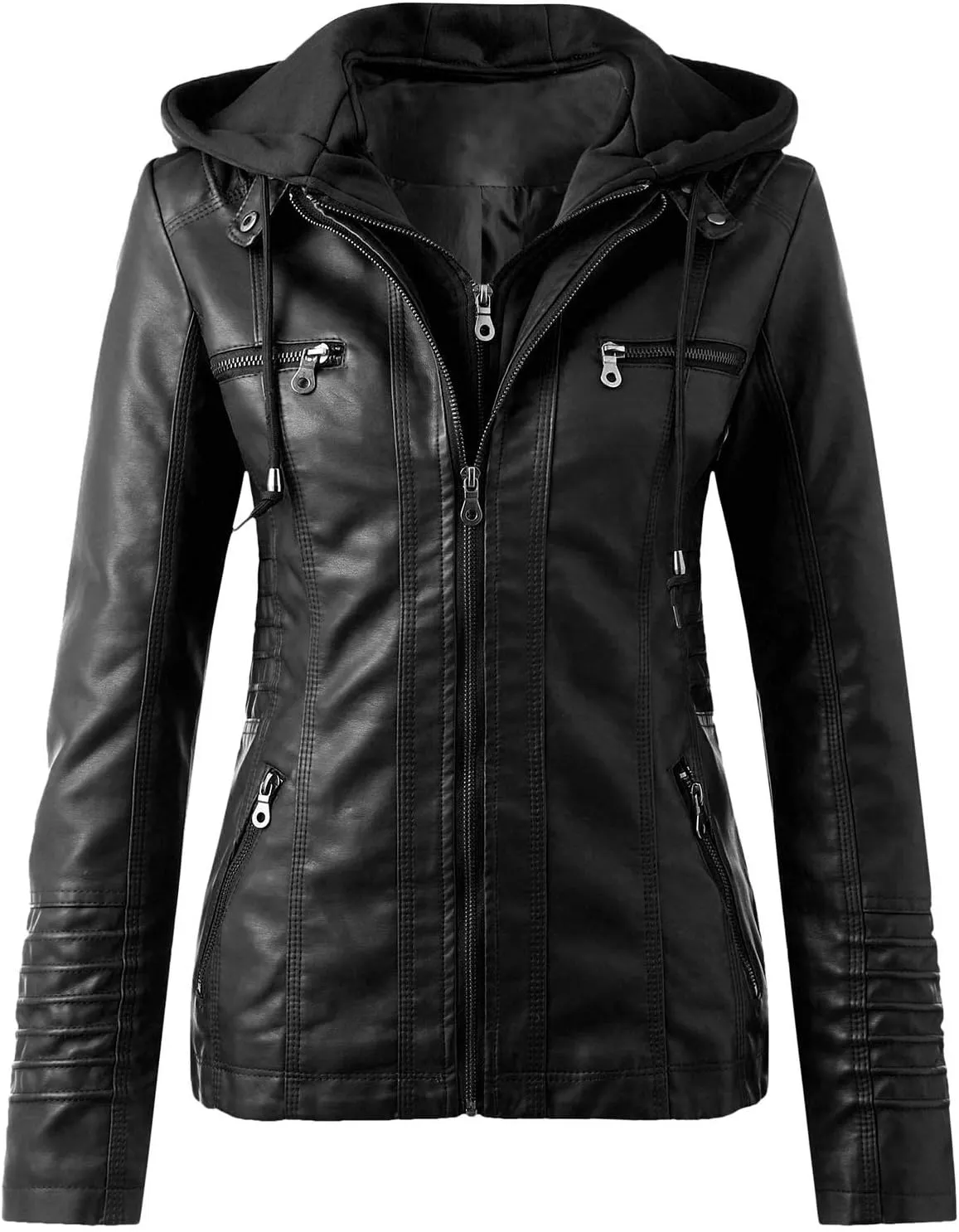 GOKKILRW Women Plus Size PU Leather Jacket Hooded Zip Up Casual Outdoor Motorbiker Slim Fit Removable Moto Biker Coat Outwear