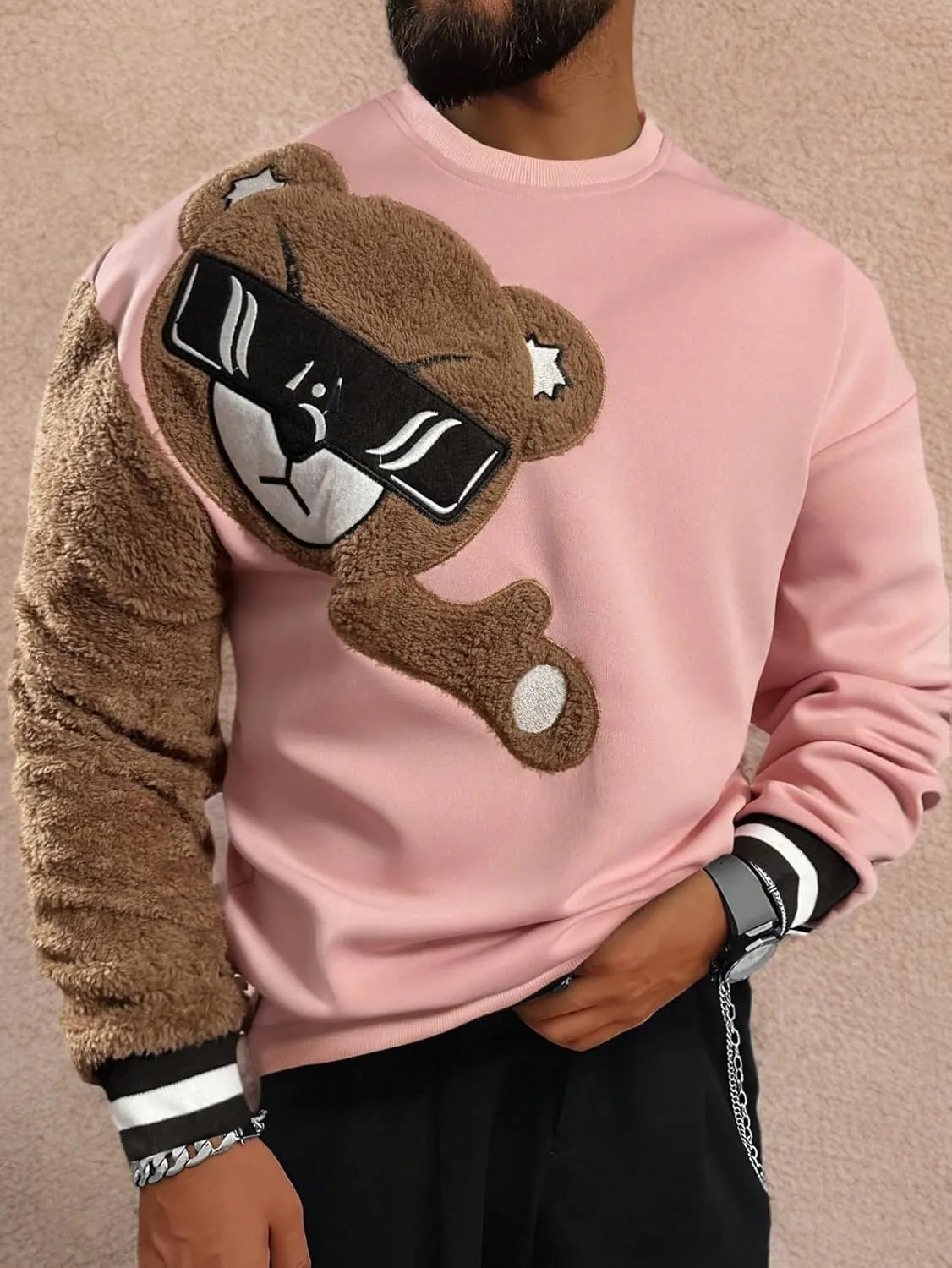 GORGLITTER Men's Bear Pattern Long Sleeve Sweatshirts Drop Shoulder Crewneck Pullover Tops