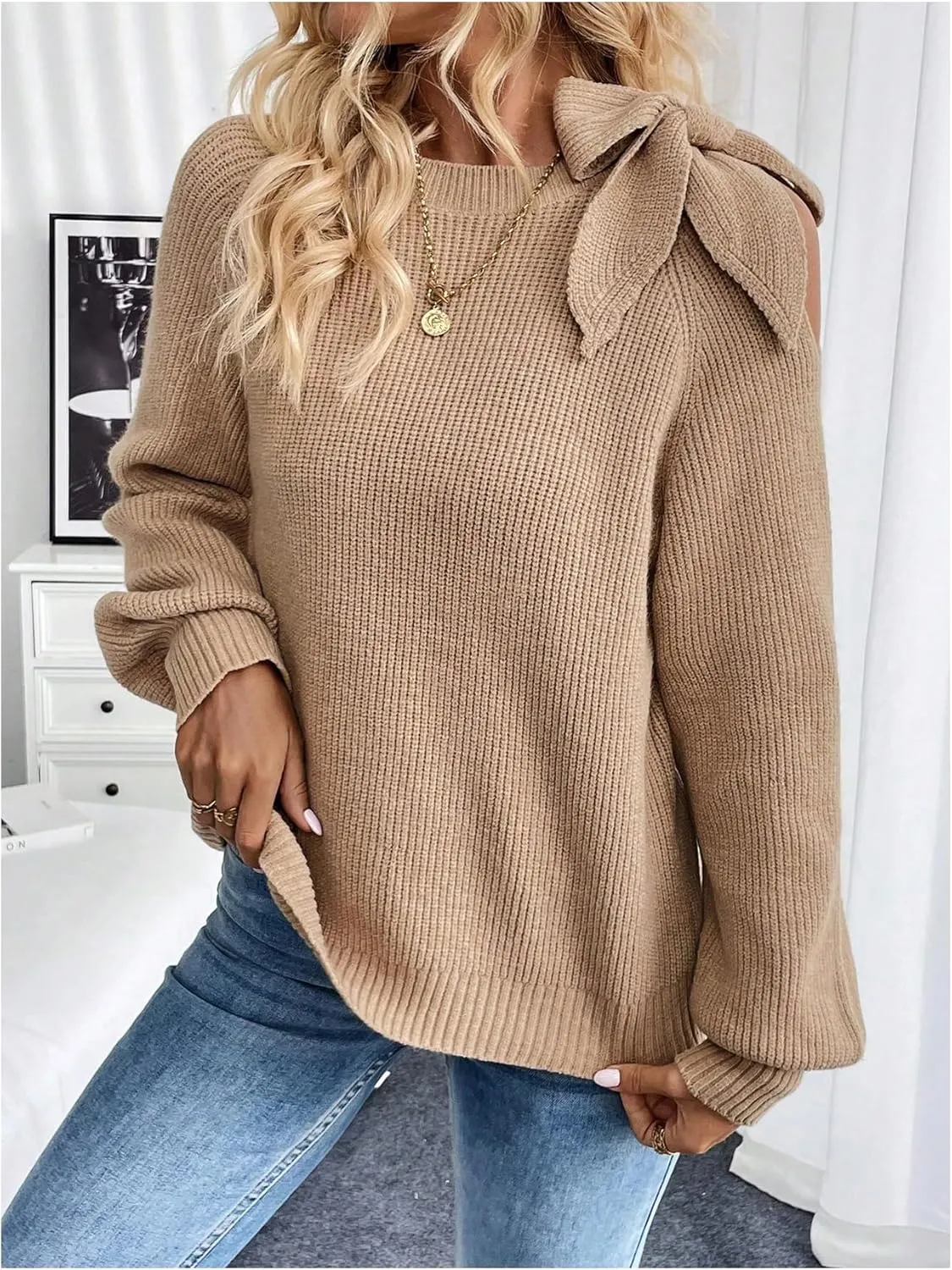 GORGLITTER Women's Bow Sweater Cut Out Tie Shoulder Long Sleeve Knit Pullover Tops Fall Fashion
