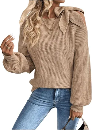 GORGLITTER Women's Bow Sweater Cut Out Tie Shoulder Long Sleeve Knit Pullover Tops Fall Fashion