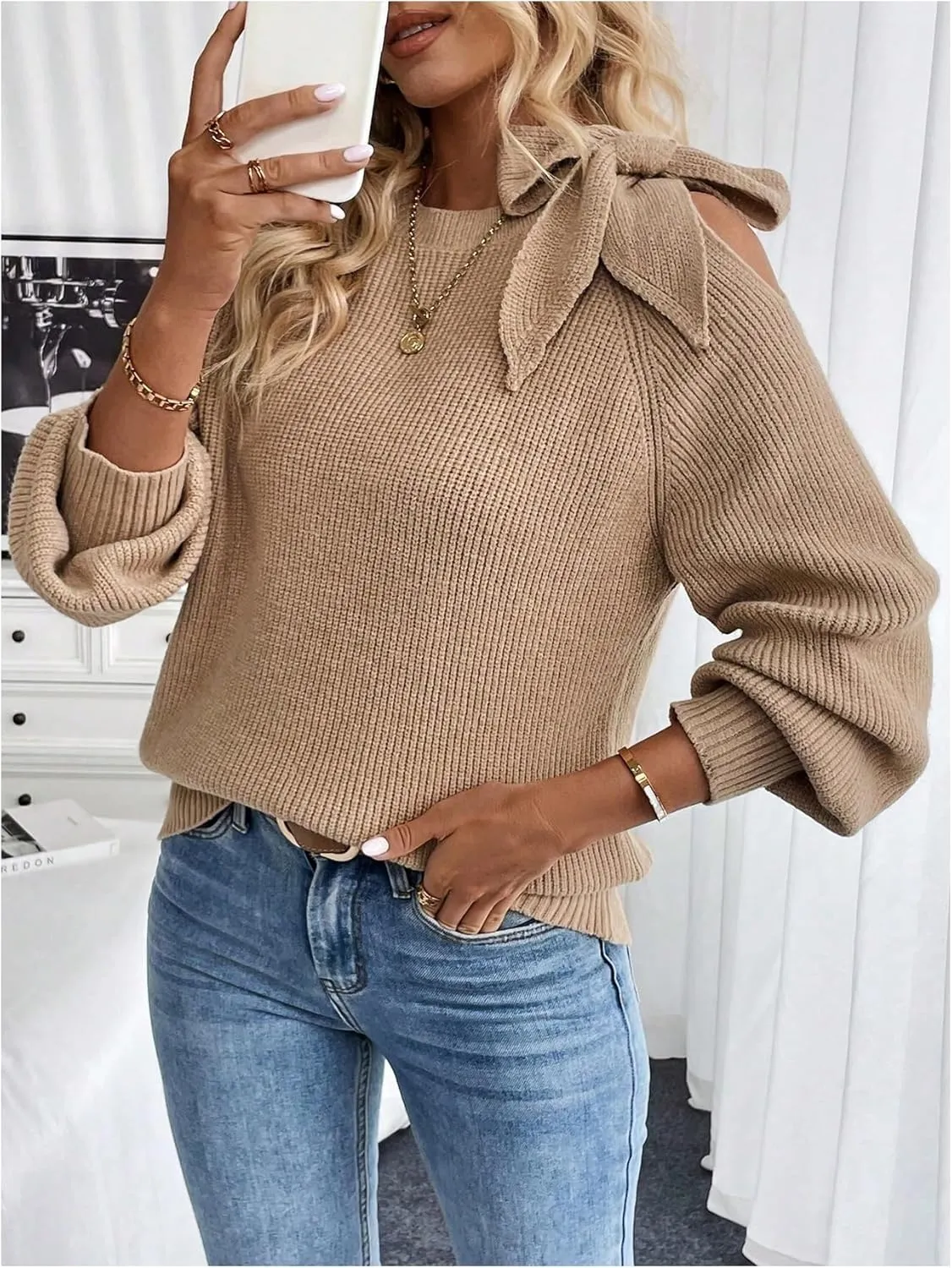 GORGLITTER Women's Bow Sweater Cut Out Tie Shoulder Long Sleeve Knit Pullover Tops Fall Fashion