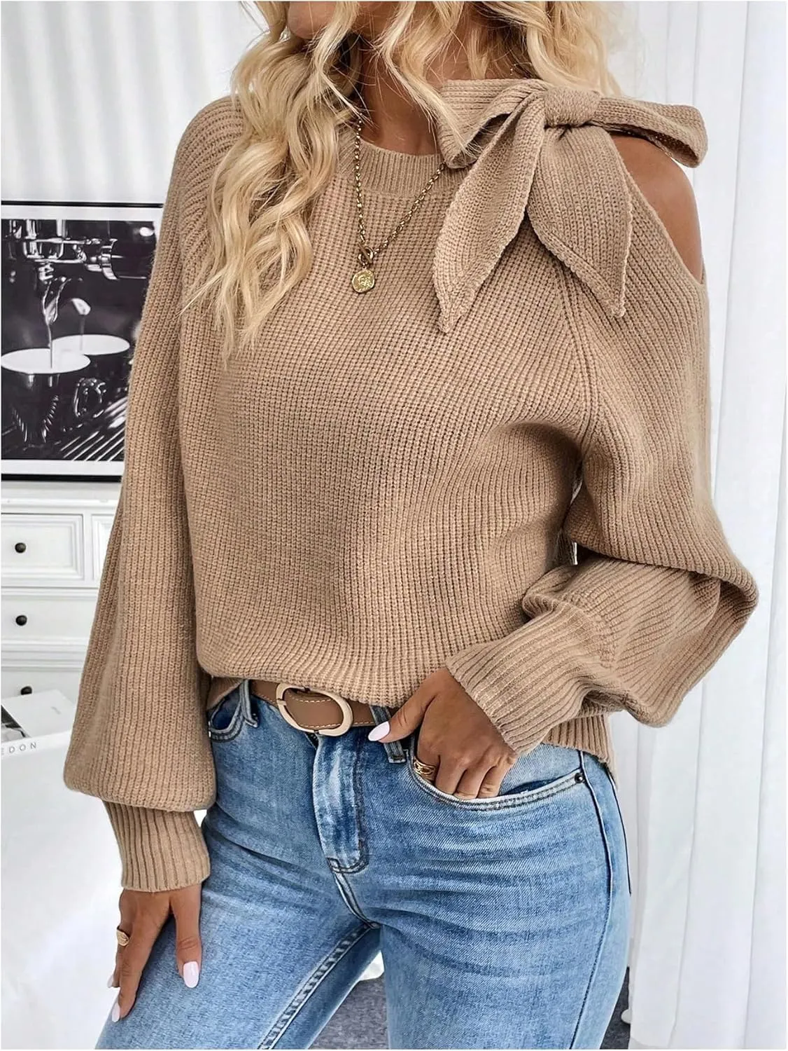 GORGLITTER Women's Bow Sweater Cut Out Tie Shoulder Long Sleeve Knit Pullover Tops Fall Fashion