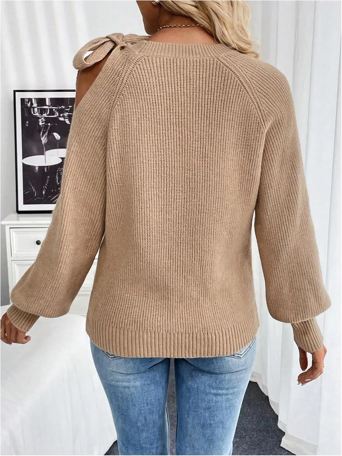 GORGLITTER Women's Bow Sweater Cut Out Tie Shoulder Long Sleeve Knit Pullover Tops Fall Fashion