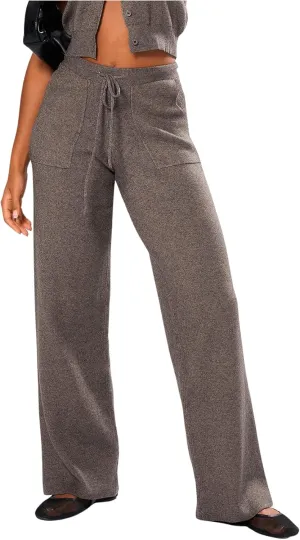 GORGLITTER Women's Solid Color Cable Knitted Flared Leg Pants Elastic Waist Bell Bottom Pant Streetwear
