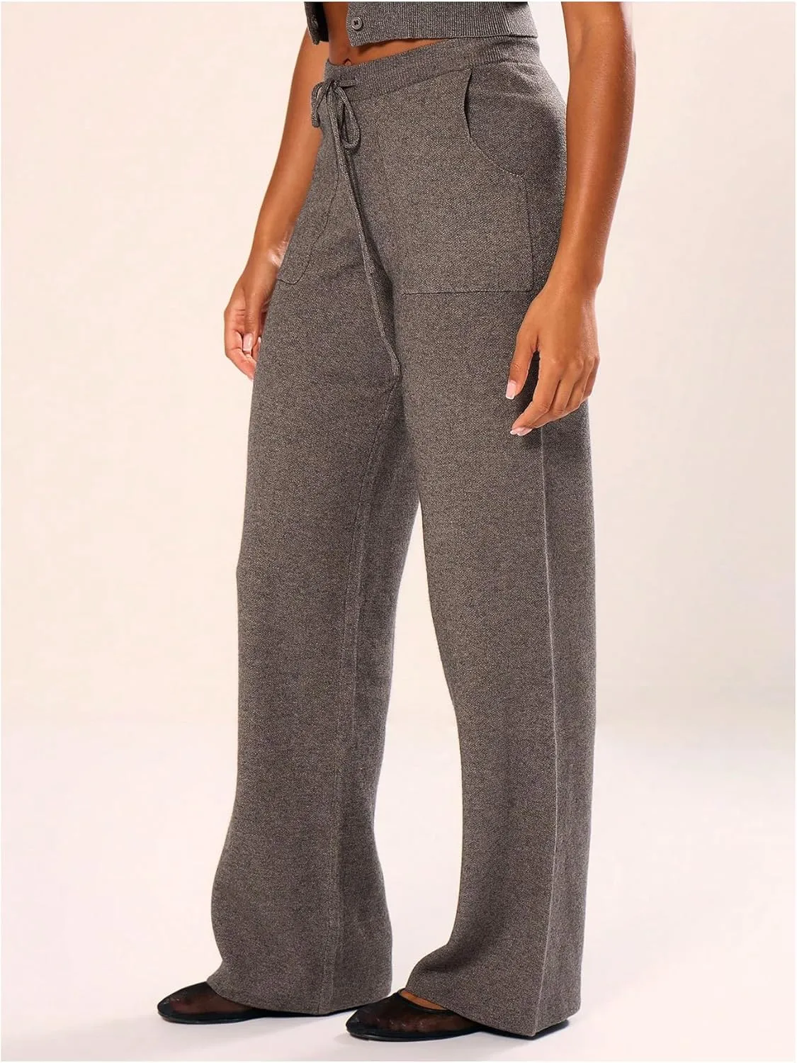 GORGLITTER Women's Solid Color Cable Knitted Flared Leg Pants Elastic Waist Bell Bottom Pant Streetwear