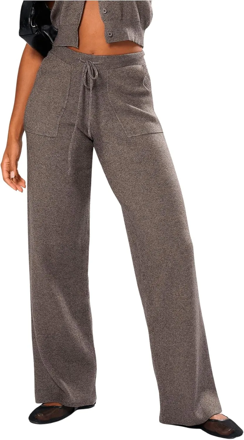 GORGLITTER Women's Solid Color Cable Knitted Flared Leg Pants Elastic Waist Bell Bottom Pant Streetwear