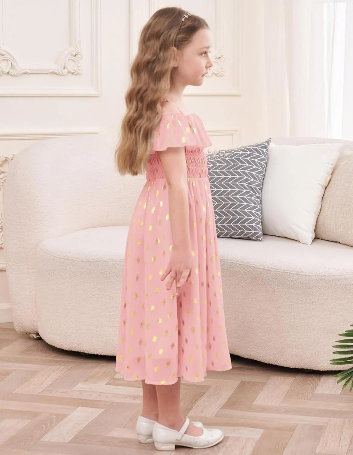 GRACE KARIN Girls Off Shoulder Dress Sleeveless Ruffle Spaghetti Straps Smocked A-Line Chiffon Dress 5-14Y