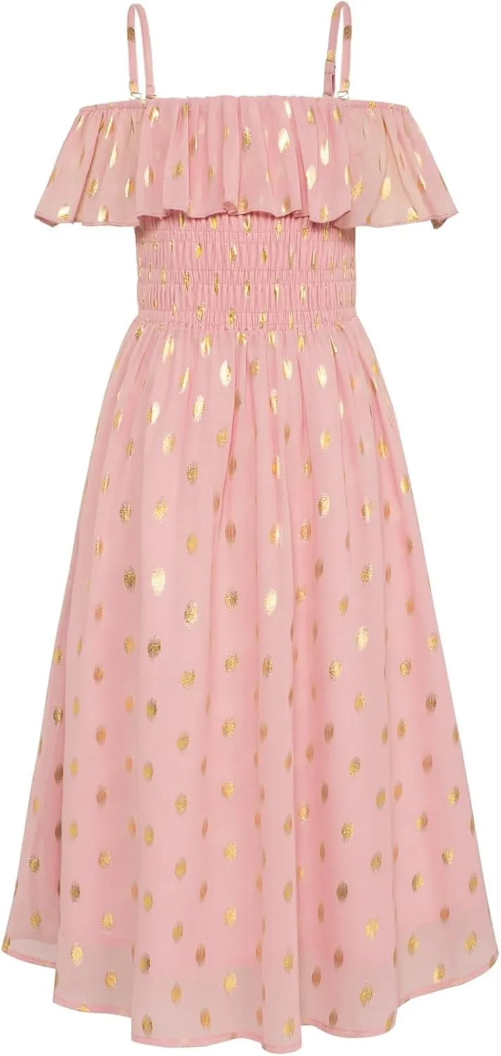 GRACE KARIN Girls Off Shoulder Dress Sleeveless Ruffle Spaghetti Straps Smocked A-Line Chiffon Dress 5-14Y