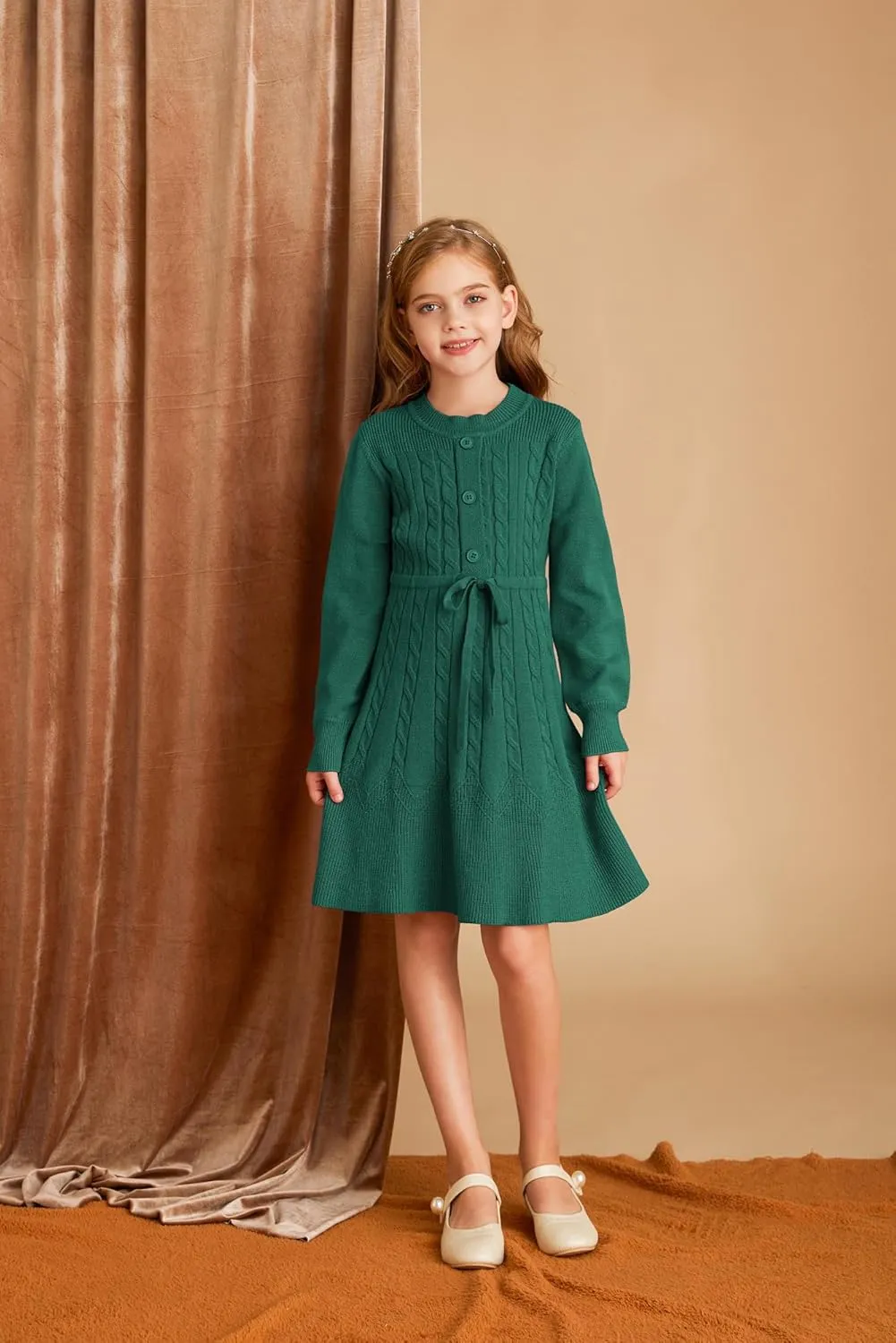 GRACE KARIN Girls Sweater Dress Fall Winter Long Sleeve Kids Fashion Drawstring Waist Cable Knit Dresses Size 5-12