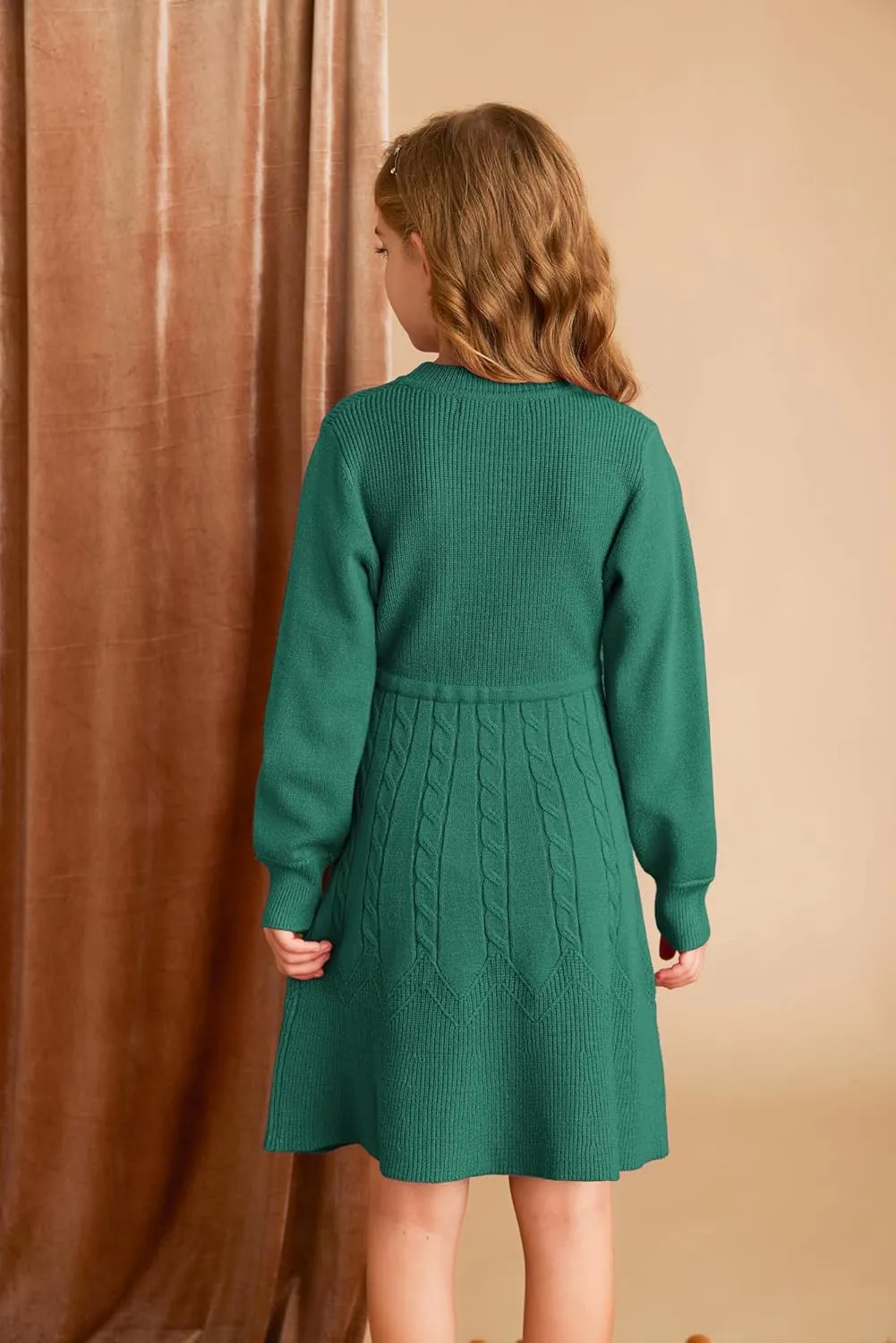 GRACE KARIN Girls Sweater Dress Fall Winter Long Sleeve Kids Fashion Drawstring Waist Cable Knit Dresses Size 5-12
