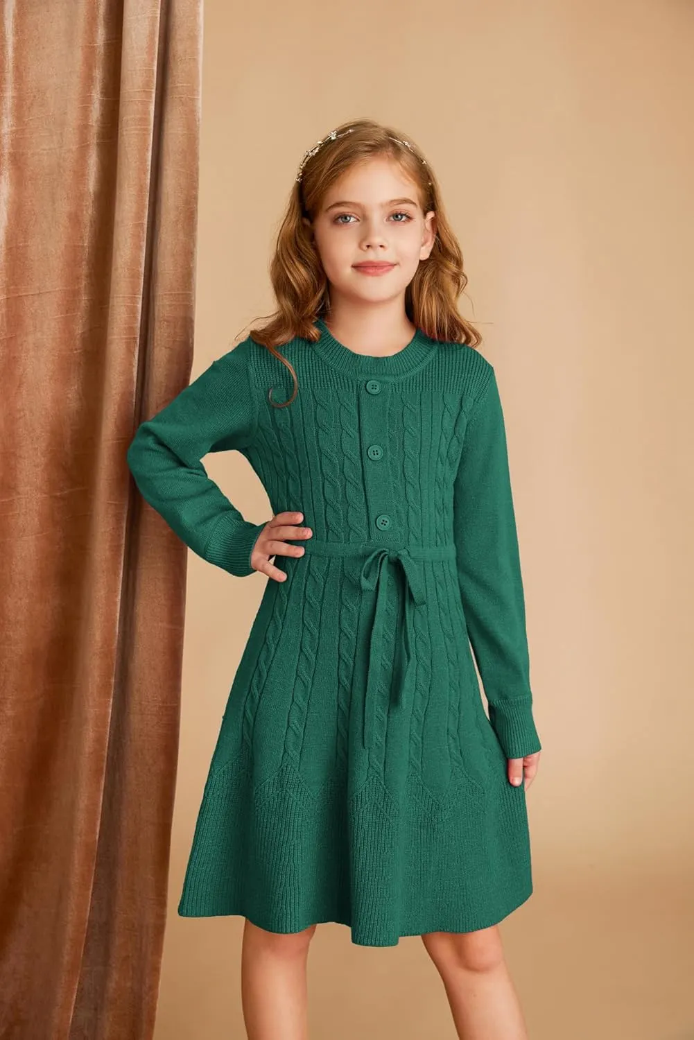 GRACE KARIN Girls Sweater Dress Fall Winter Long Sleeve Kids Fashion Drawstring Waist Cable Knit Dresses Size 5-12