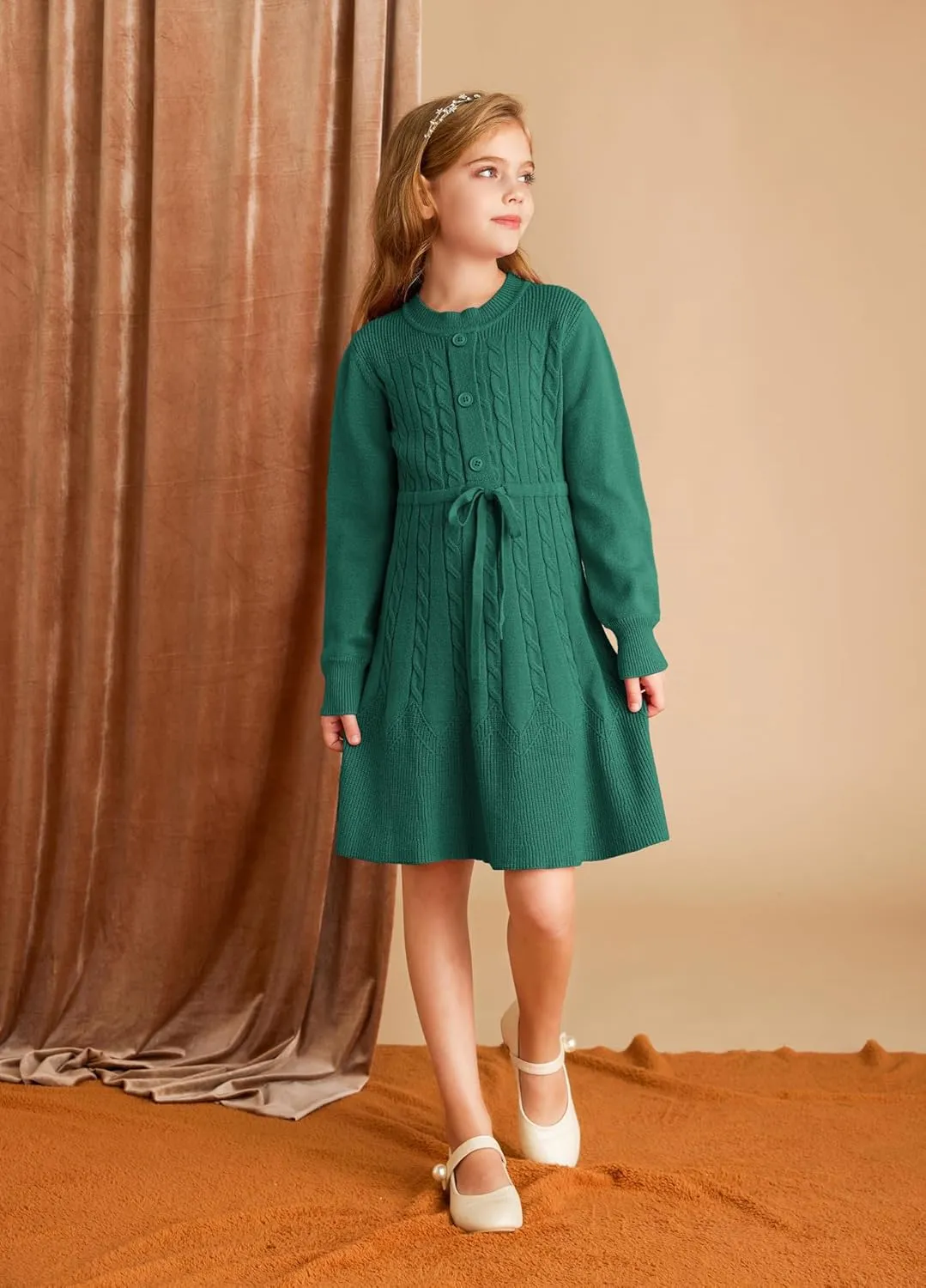 GRACE KARIN Girls Sweater Dress Fall Winter Long Sleeve Kids Fashion Drawstring Waist Cable Knit Dresses Size 5-12