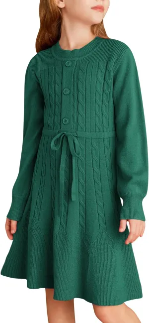 GRACE KARIN Girls Sweater Dress Fall Winter Long Sleeve Kids Fashion Drawstring Waist Cable Knit Dresses Size 5-12