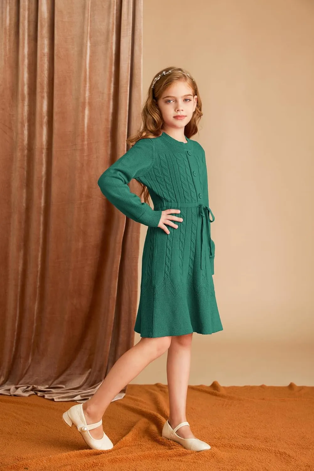 GRACE KARIN Girls Sweater Dress Fall Winter Long Sleeve Kids Fashion Drawstring Waist Cable Knit Dresses Size 5-12