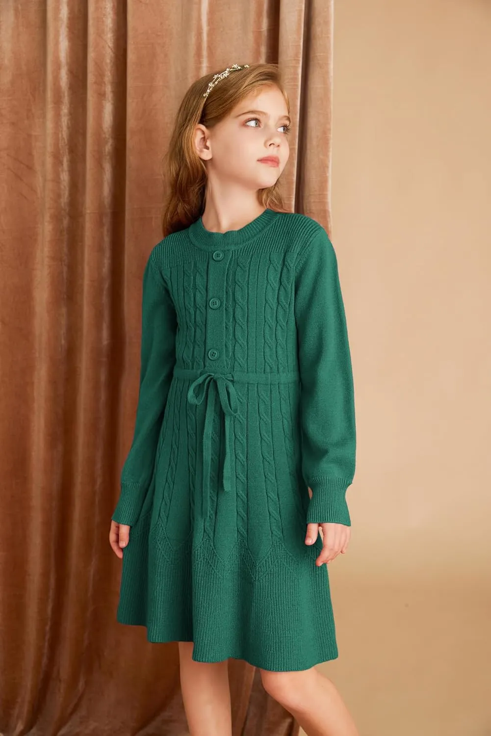 GRACE KARIN Girls Sweater Dress Fall Winter Long Sleeve Kids Fashion Drawstring Waist Cable Knit Dresses Size 5-12
