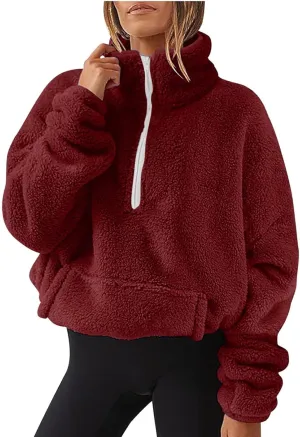 Gumipy Quarter Zip Pullover Women Stand Colar Thick Fleece Half Zip Pullover Trendy Drop Shoulder Cropped Sweater with Pocket