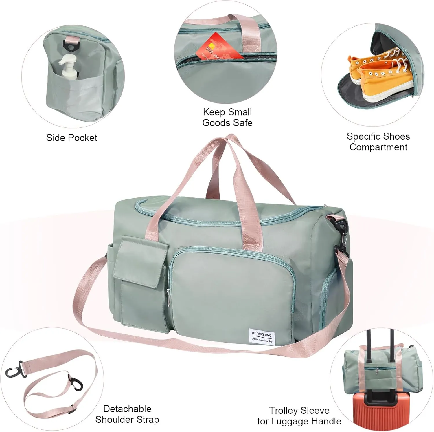 Gym Bag for Women, Duffle Bag with Wet Pocket & Shoes Compartment, Waterproof Carry On Sport Bag, Tote for Workout, Travel, Weekender, Green with Pink Handles, Casual