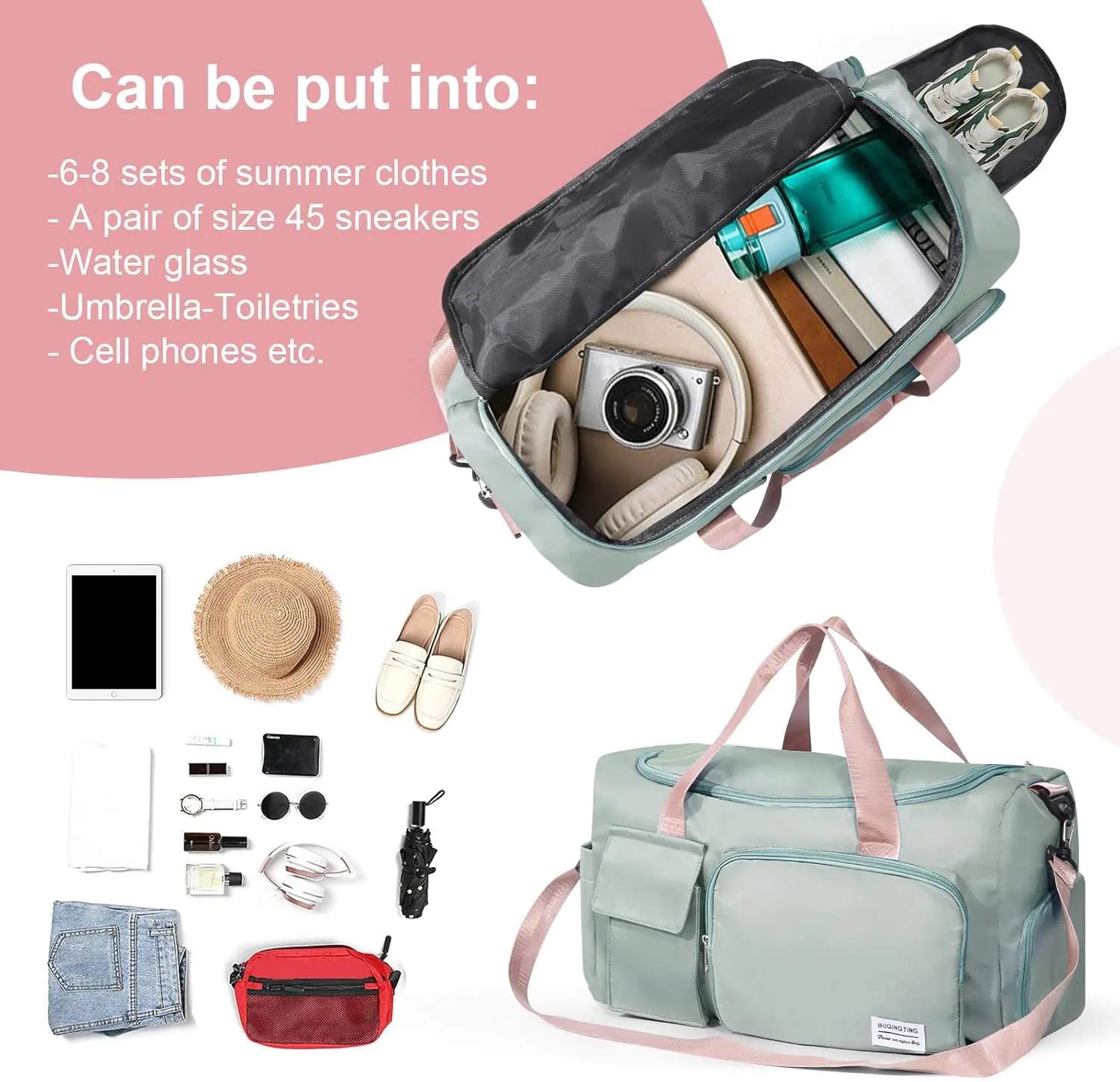 Gym Bag for Women, Duffle Bag with Wet Pocket & Shoes Compartment, Waterproof Carry On Sport Bag, Tote for Workout, Travel, Weekender, Green with Pink Handles, Casual