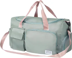 Gym Bag for Women, Duffle Bag with Wet Pocket & Shoes Compartment, Waterproof Carry On Sport Bag, Tote for Workout, Travel, Weekender, Green with Pink Handles, Casual