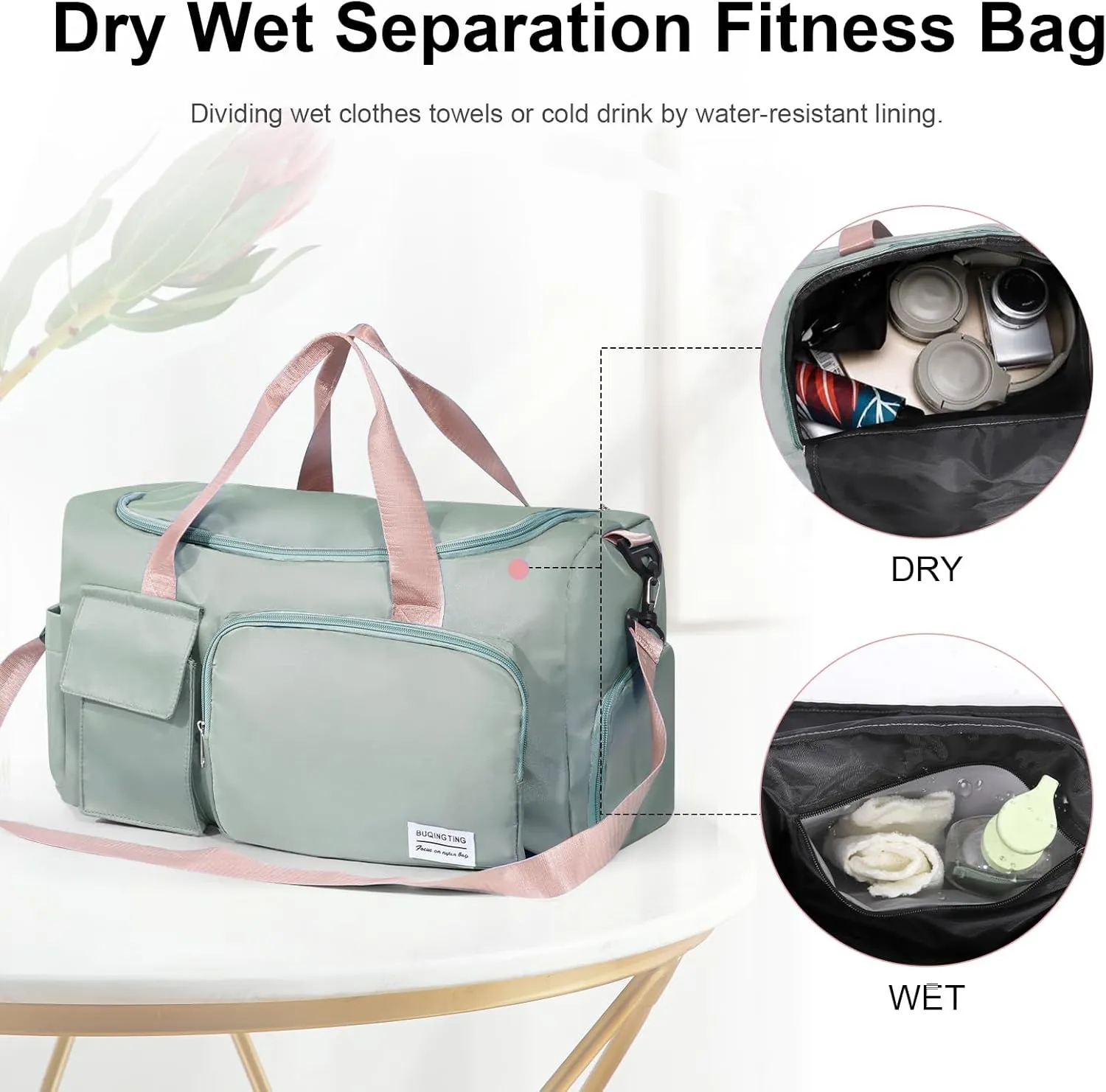 Gym Bag for Women, Duffle Bag with Wet Pocket & Shoes Compartment, Waterproof Carry On Sport Bag, Tote for Workout, Travel, Weekender, Green with Pink Handles, Casual
