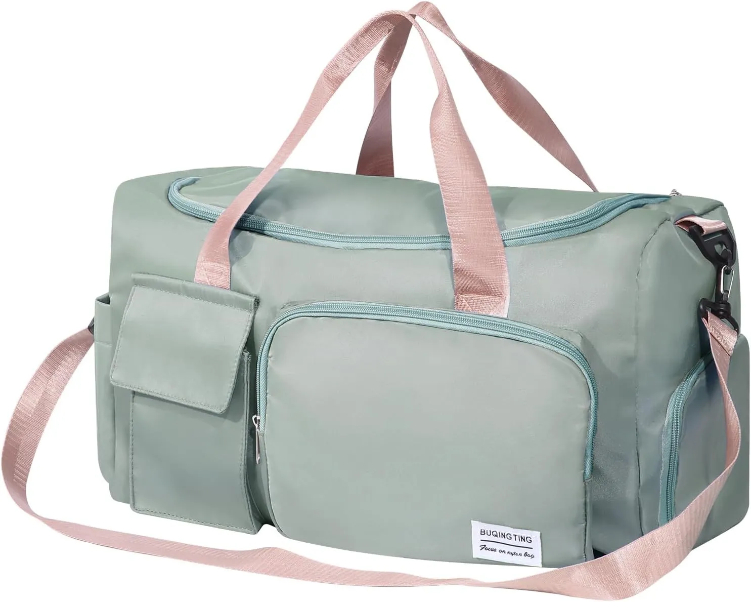 Gym Bag for Women, Duffle Bag with Wet Pocket & Shoes Compartment, Waterproof Carry On Sport Bag, Tote for Workout, Travel, Weekender, Green with Pink Handles, Casual