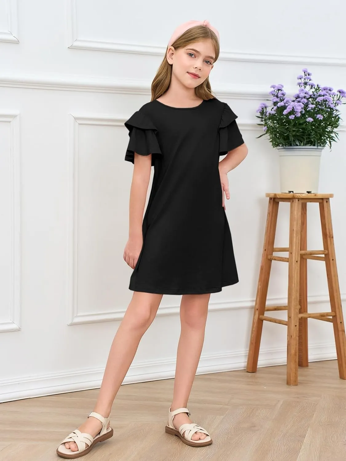 Haloumoning Girls Ruffle Sleeve Dresses Kids Summer Crewneck A Line Casual Dress 5-14 Years