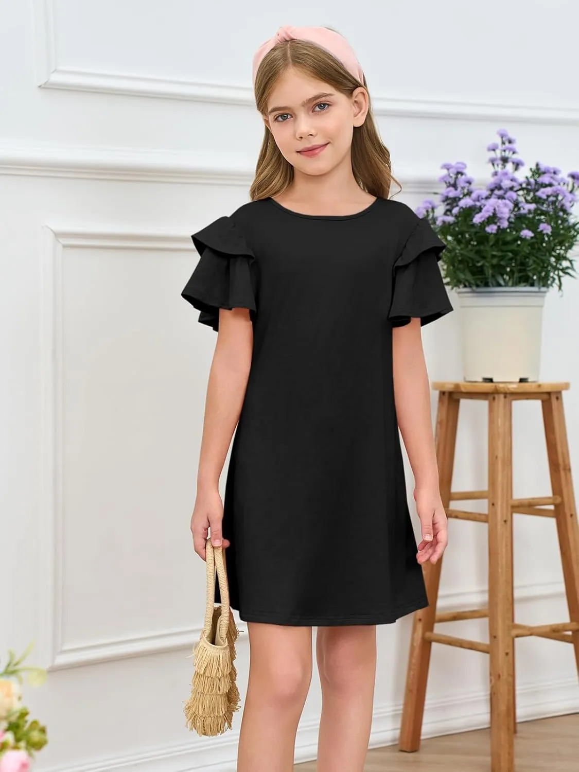 Haloumoning Girls Ruffle Sleeve Dresses Kids Summer Crewneck A Line Casual Dress 5-14 Years