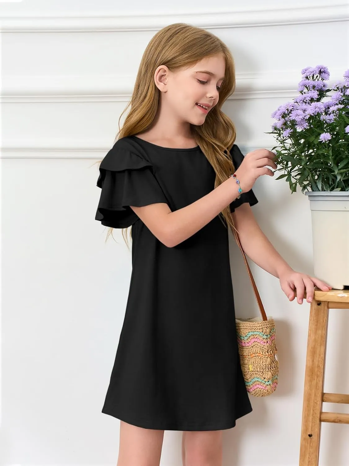 Haloumoning Girls Ruffle Sleeve Dresses Kids Summer Crewneck A Line Casual Dress 5-14 Years