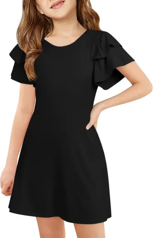 Haloumoning Girls Ruffle Sleeve Dresses Kids Summer Crewneck A Line Casual Dress 5-14 Years