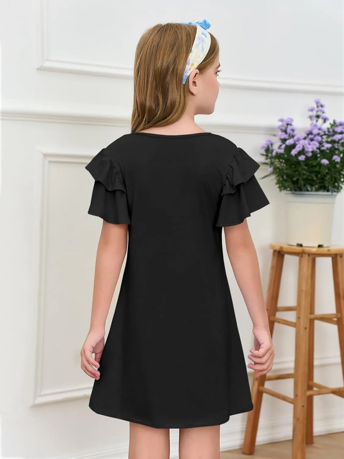 Haloumoning Girls Ruffle Sleeve Dresses Kids Summer Crewneck A Line Casual Dress 5-14 Years