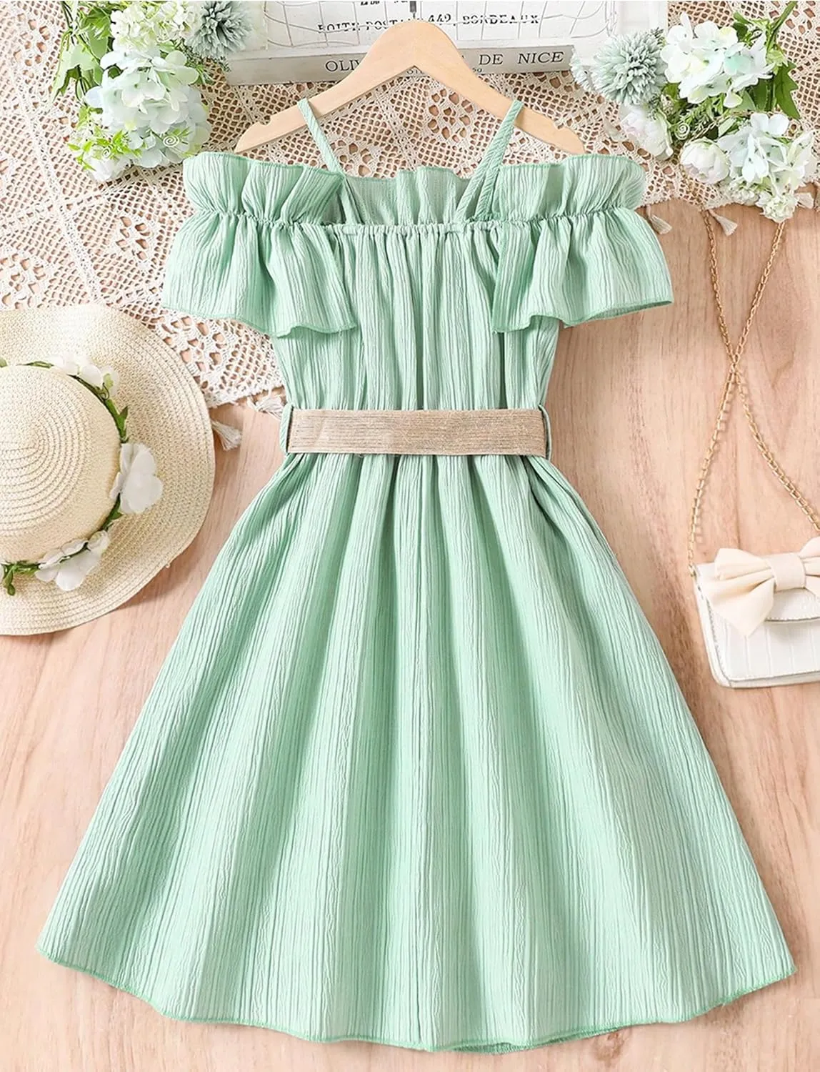 Happy Cherry Girls Cold Shoulder Midi Dress Ruffle Trim Short Sleeve Belted A Line Sundress for Summer Beach