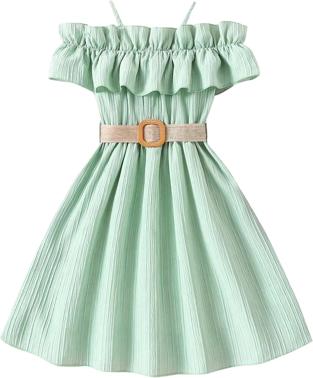 Happy Cherry Girls Cold Shoulder Midi Dress Ruffle Trim Short Sleeve Belted A Line Sundress for Summer Beach
