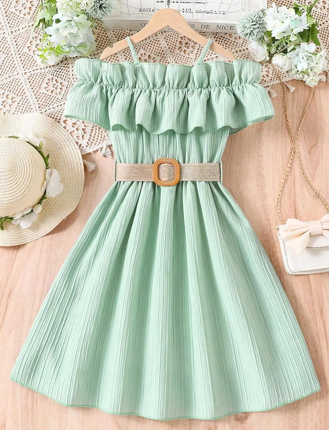 Happy Cherry Girls Cold Shoulder Midi Dress Ruffle Trim Short Sleeve Belted A Line Sundress for Summer Beach
