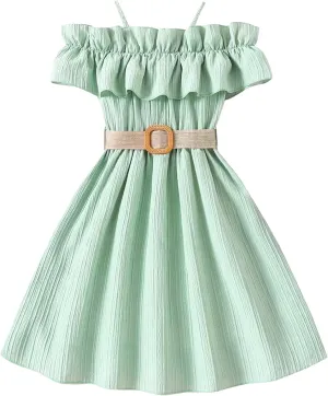 Happy Cherry Girls Cold Shoulder Midi Dress Ruffle Trim Short Sleeve Belted A Line Sundress for Summer Beach