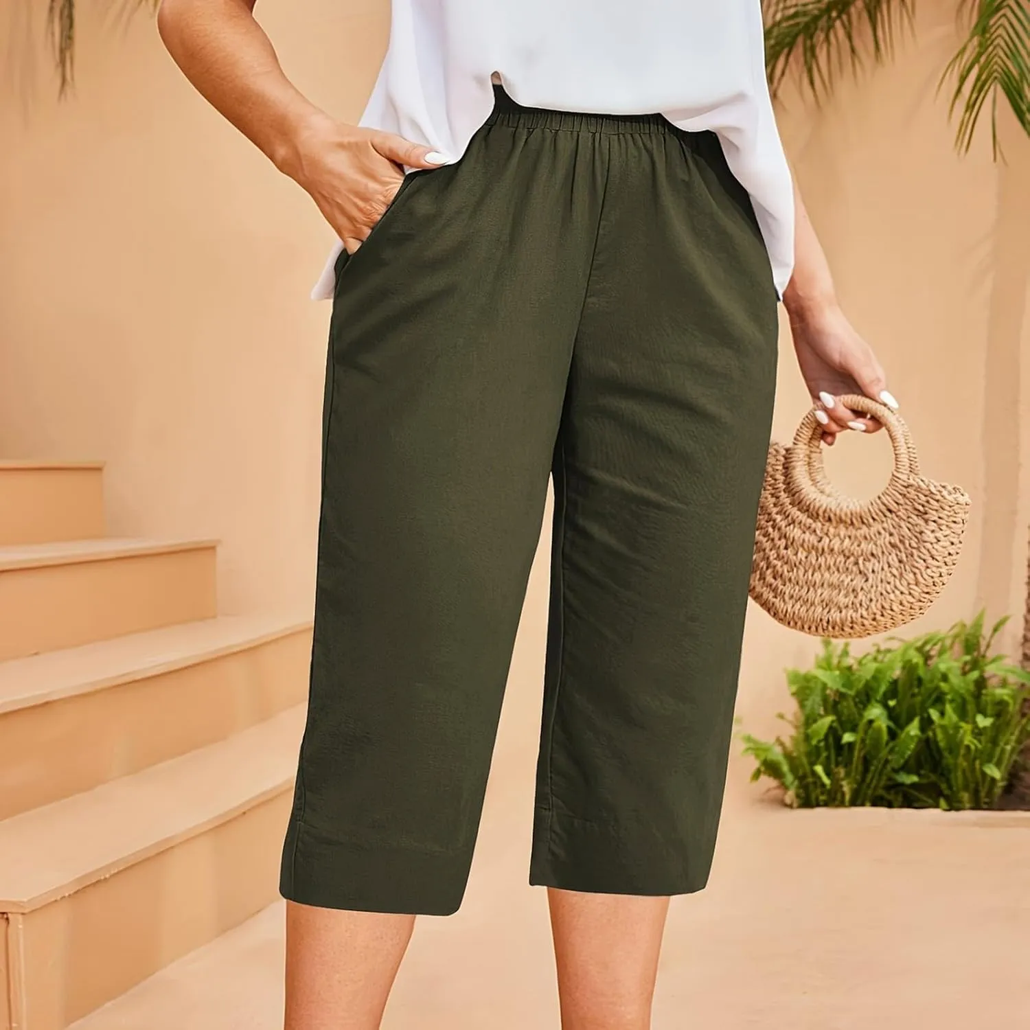 High Waisted Wide Leg Cotton Linen Capri Pants for Women - Breathable Trousers with Pocket for Summer Beach Casual