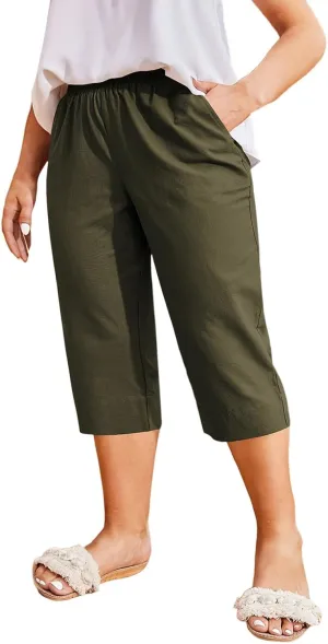High Waisted Wide Leg Cotton Linen Capri Pants for Women - Breathable Trousers with Pocket for Summer Beach Casual
