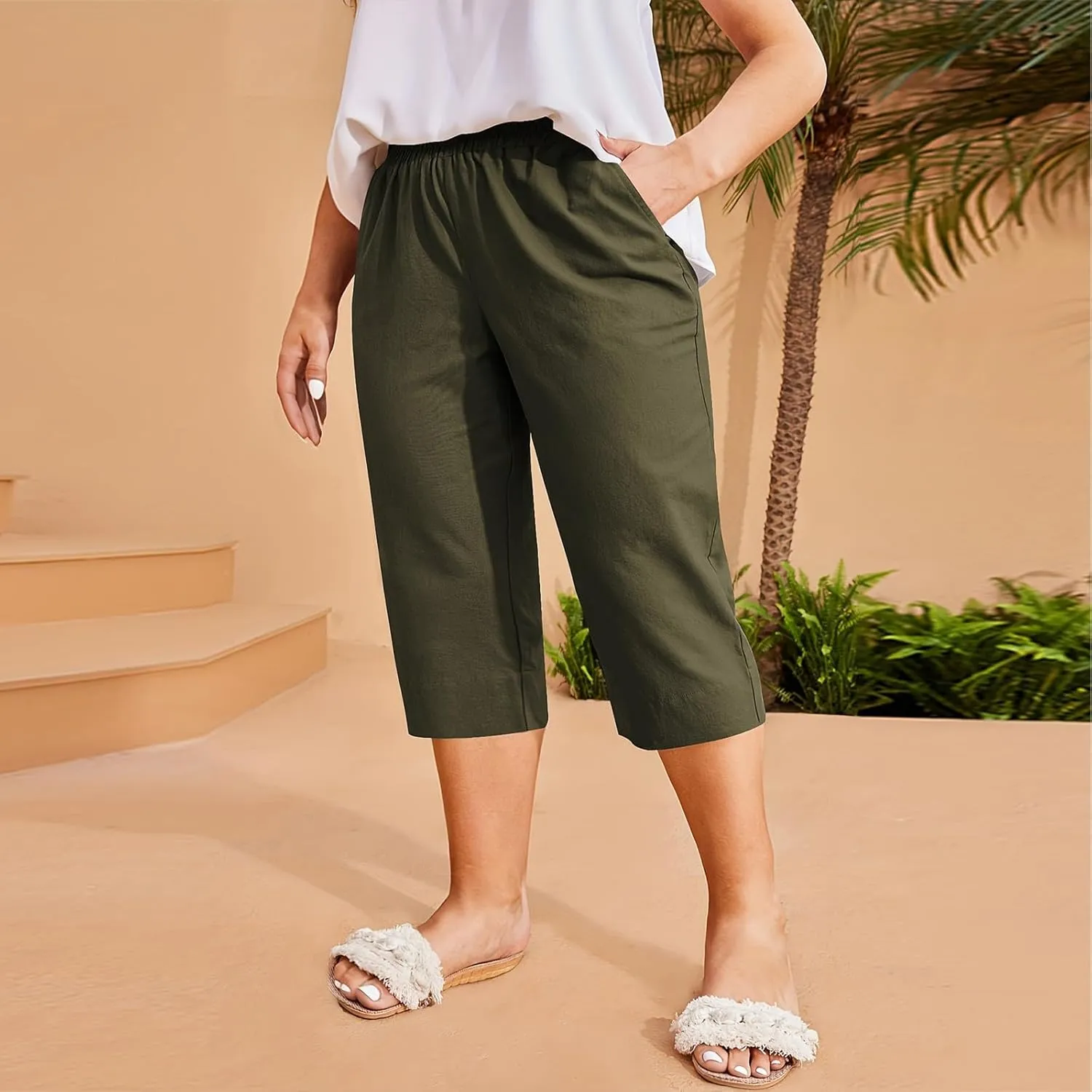 High Waisted Wide Leg Cotton Linen Capri Pants for Women - Breathable Trousers with Pocket for Summer Beach Casual
