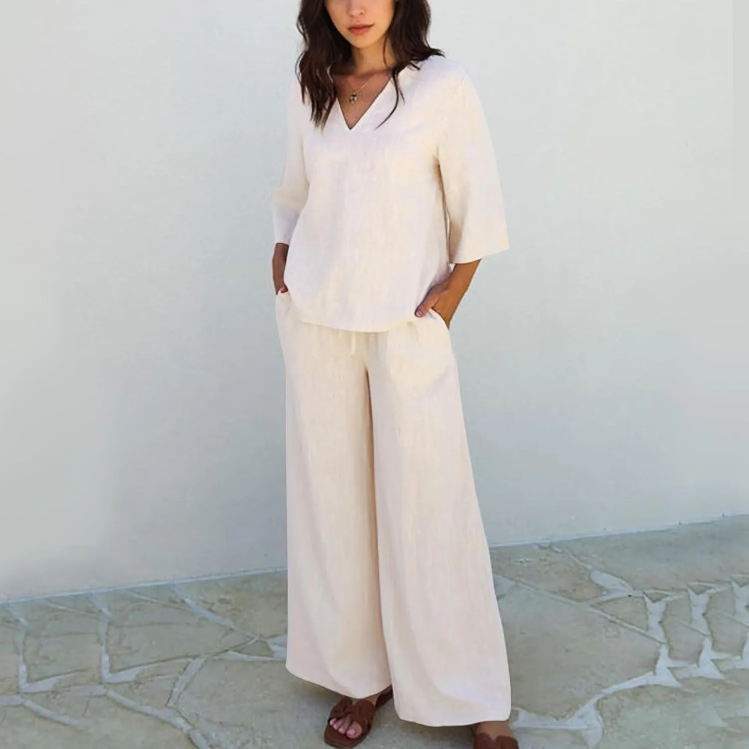 Hixiaohe Womens 2 Piece Outfits Casual 3/4 Sleeve V Neck Tops Wide Leg Pants Linen Lounge Sets Tracksuits Travel Outfits