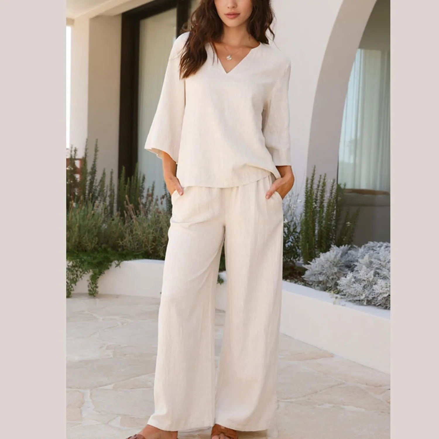 Hixiaohe Womens 2 Piece Outfits Casual 3/4 Sleeve V Neck Tops Wide Leg Pants Linen Lounge Sets Tracksuits Travel Outfits