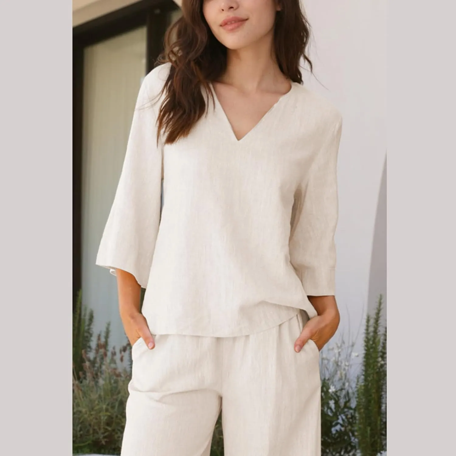 Hixiaohe Womens 2 Piece Outfits Casual 3/4 Sleeve V Neck Tops Wide Leg Pants Linen Lounge Sets Tracksuits Travel Outfits